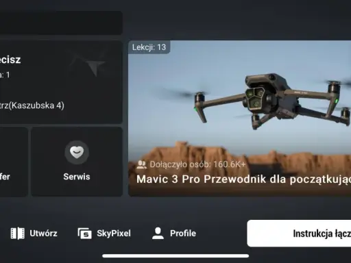 Aplikacja DJI z kursem Mavic 3 Pro dla początkujących, symulator lotu i mapą stref ostrzegawczych.