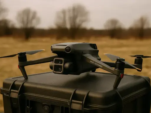 Czarny dron Mavic na walizce, gotowy do lotu. Programiści wykorzystują DJI SDK do tworzenia innowacyjnych rozwiązań.