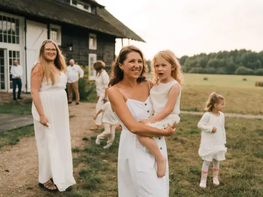 Rodzina w białych strojach, mama z córką na rękach, na tle wiejskiego domu. Skromny ślub kościelny bez wesela.
