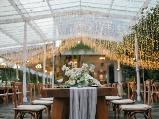 Elegancka dekoracja sali weselnej inspiracje: stół z bukietem kwiatów pod baldachimem z lampek.