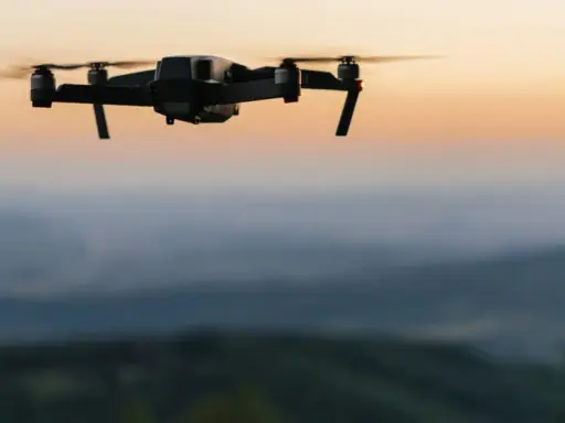 Czarny dron unosi się nad wzgórzami o zachodzie słońca.