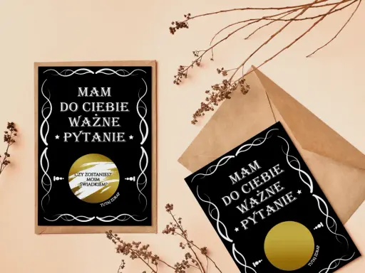 Prośba o świadkowanie: "Mam do Ciebie ważne pytanie. Czy zostaniesz moim świadkiem?" z polem do zdrapania.