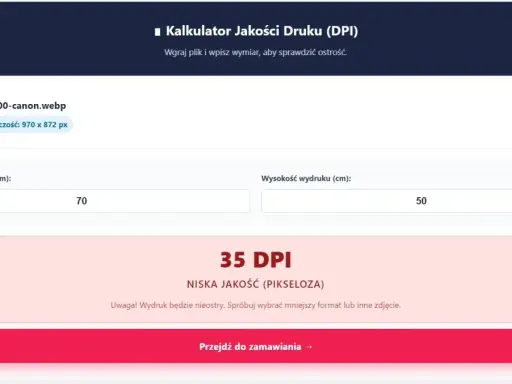 Kalkulator jakości druku (DPI) pokazuje 35 DPI dla wydruku 70x50 cm, co oznacza niską jakość.