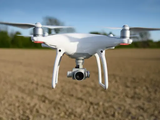 Biały dron DJI Phantom 4 Pro w locie nad polem.