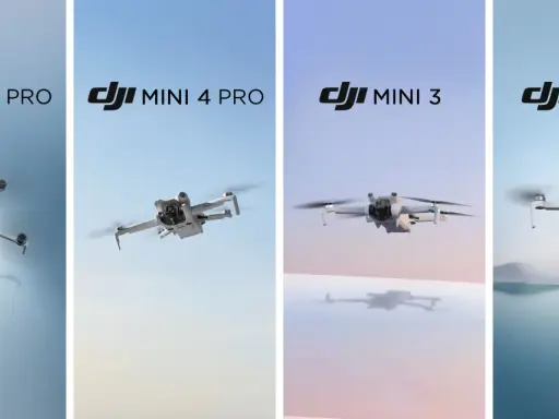 Cztery drony DJI Mini Pro, w tym DJI Mini 5 Pro, unoszą się na tle nieba.