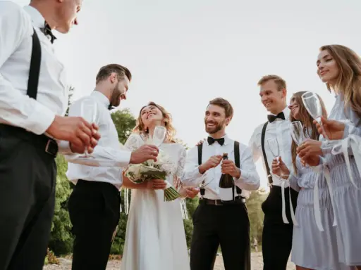 Pan młody i świadek świętują z panną młodą i druhnami. Wszyscy uśmiechnięci, w rękach kieliszki i butelka szampana.