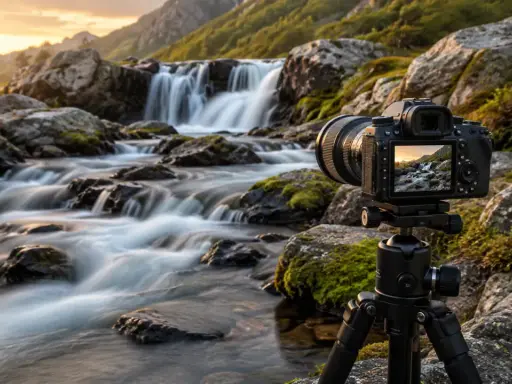 Aparat fotograficzny na statywie rejestruje wodospad i rwący potok. Długi czas ekspozycji zamienia wodę w mglisty welon, tworząc magiczny krajobraz.