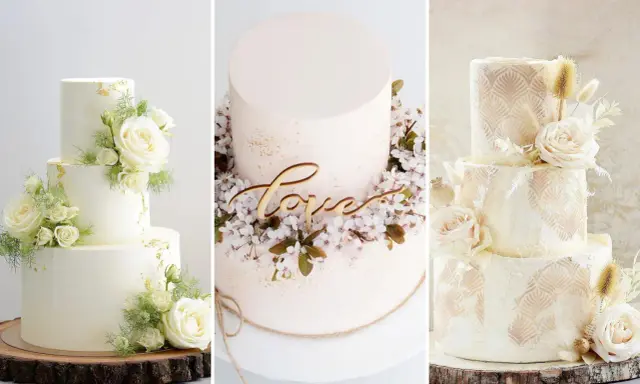 Trzy torty weselne w stylu boho: jeden z białymi różami i złotymi płatkami, drugi z napisem "love" i kwitnącą wiśnią, trzeci z koronkowym wzorem i suszonymi trawami.