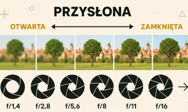 Ilustracja pokazuje, jak przysłona aparatu wpływa na głębię ostrości. Od otwartej (małe f) do zamkniętej (duże f).