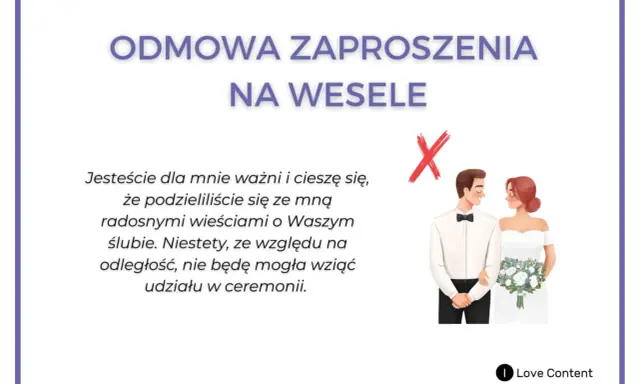 Podziękowanie za zaproszenie i odmowa przybycia na wesele z powodu odległości. Para młoda, czerwony krzyżyk.
