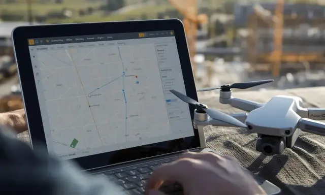 Planowanie zgłoszenie lotu dronem na mapie na laptopie. Obok leży dron.