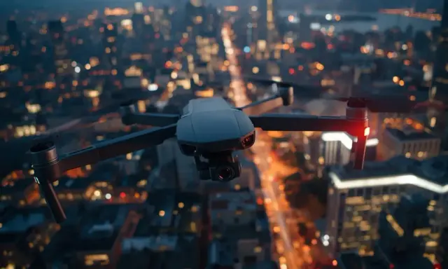 Dron unosi się nad nocnym miastem, tworząc niesamowite filmy z drona. Rozświetlone wieżowce i ulice tworzą magiczną scenerię.