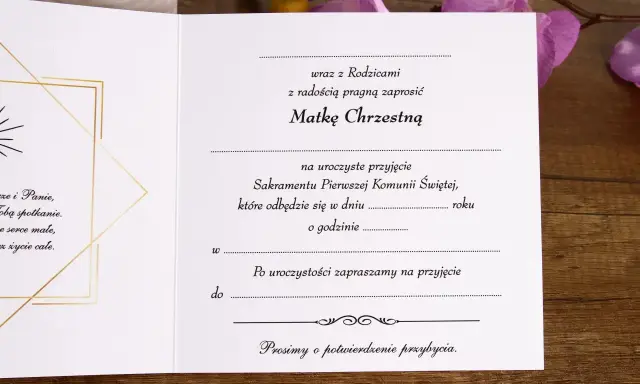 Zaproszenie na uroczyste przyjęcie Sakramentu Pierwszej Komunii Świętej dla Matki Chrzestnej. Prosimy o potwierdzenie przybycia.