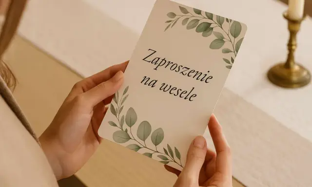 Dłonie trzymają zaproszenie na wesele z motywem liści. To ważny moment, gdy para młoda odpowiada na pytania o ślub.
