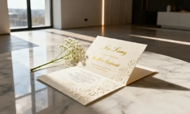 Elegancka czcionka do zaproszeń na marmurowym stoliku, ozdobiona delikatnymi kwiatami.