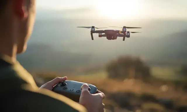 Operator steruje dronem, realizując wideofilmowanie z powietrza. Zachód słońca nad malowniczym krajobrazem.