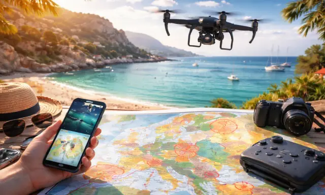 Planowanie wakacji w Grecji z dronem. Na stole mapa, telefon z widokiem na morze, aparat i kontroler.