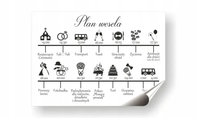 Plan wesela: od ceremonii o 14:00, przez obiad, tort o 22:30, aż po oczepiny i zabawę do 4:00.