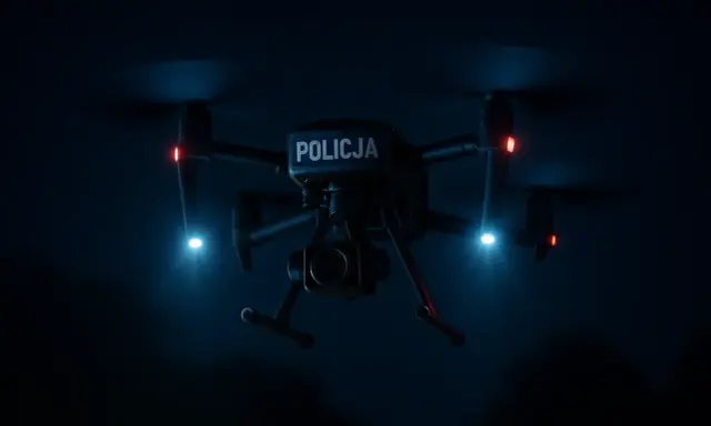 Policyjny dron nocą, z niebieskimi i czerwonymi światłami, gotowy do akcji.