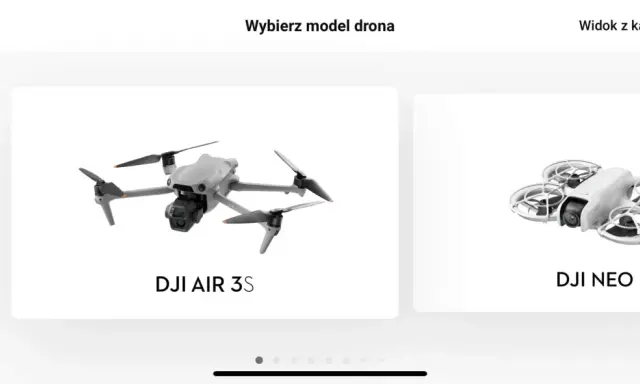 Wybór drona w aplikacji DJI Fly: DJI AIR 3S i DJI NEO.