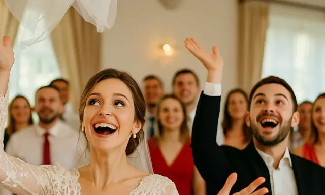Panna młoda z welonem w górze i pan młody z uniesioną ręką, radośnie czekają na pytania na oczepiny.