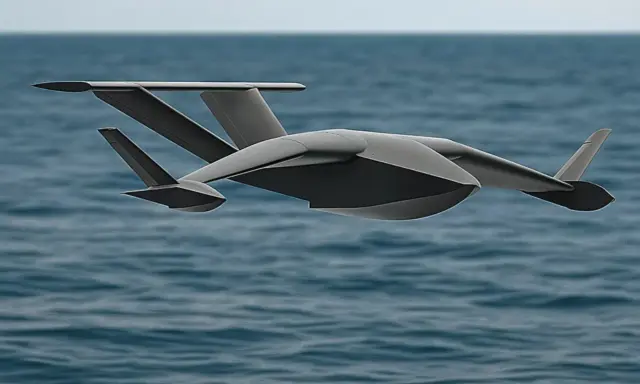 Futurystyczny dron szybuje nad turkusowym morzem, przypominając latającą rybę. Latanie dronem w Turcji to marzenie.