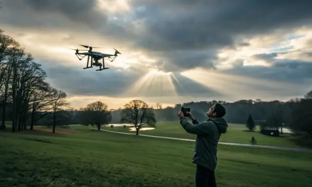 Mężczyzna steruje dronem na tle zachodzącego słońca. Piękny krajobraz, ale czy to miejsce, gdzie nie można latać dronem?