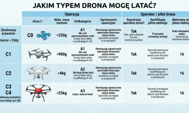 Tabela zasad latania dronem w Polsce: klasy dronów, wymagania operatora i wiek pilota.