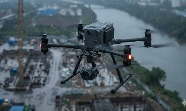 Profesjonalny dron z kamerą w locie podczas ulewy nad placem budowy.