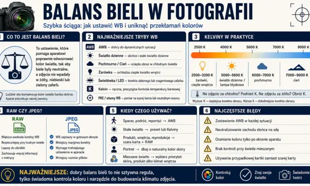 Poradnik o balansie bieli w fotografii: jak ustawić WB, aby uniknąć przekłamań kolorów. Poznaj tryby, kelwiny i najczęstsze błędy.