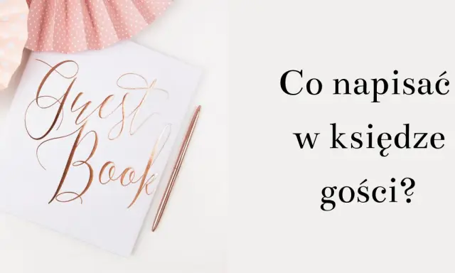 Elegancka księga gości weselnych z różowym długopisem i ozdobami. Szukasz pomysłów na śmieszne wpisy do księgi gości weselnych?