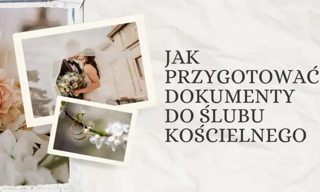 Jak przygotować dokumenty do ślubu kościelnego? Zdjęcia pary młodej i obrączek na tle kwiatów.