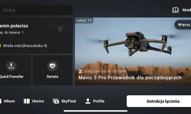 Aplikacja DJI z kursem Mavic 3 Pro dla początkujących, symulator lotu i mapą stref ostrzegawczych.