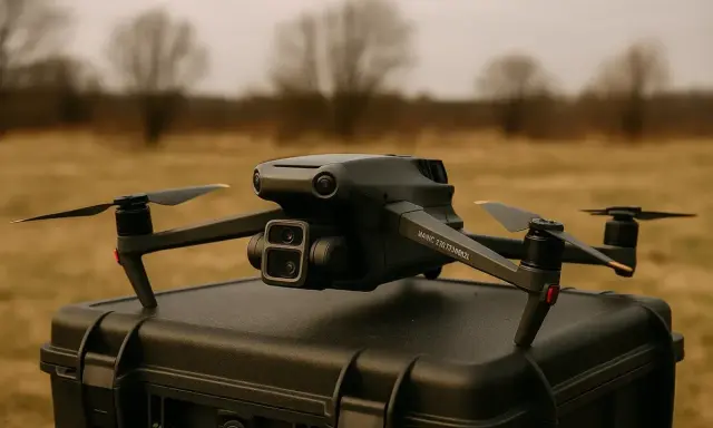 Czarny dron Mavic na walizce, gotowy do lotu. Programiści wykorzystują DJI SDK do tworzenia innowacyjnych rozwiązań.