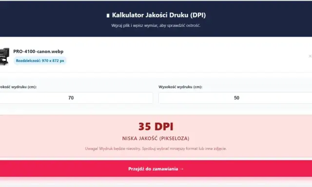 Kalkulator jakości druku (DPI) pokazuje 35 DPI dla wydruku 70x50 cm, co oznacza niską jakość.