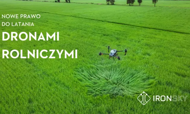 Nowe prawo do latania dronami rolniczymi. Dron DJI w locie nad zielonym polem. Fly safe!