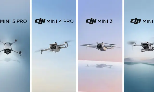 Cztery drony DJI Mini Pro, w tym DJI Mini 5 Pro, unoszą się na tle nieba.