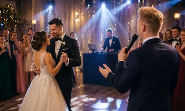 Para młoda tańczy pierwszy taniec, podczas gdy wodzirej zapowiada ich na weselu.