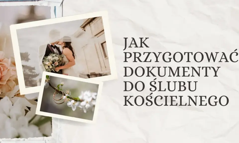 Jak przygotować dokumenty do ślubu kościelnego? Zdjęcia pary młodej i obrączek na tle kwiatów.