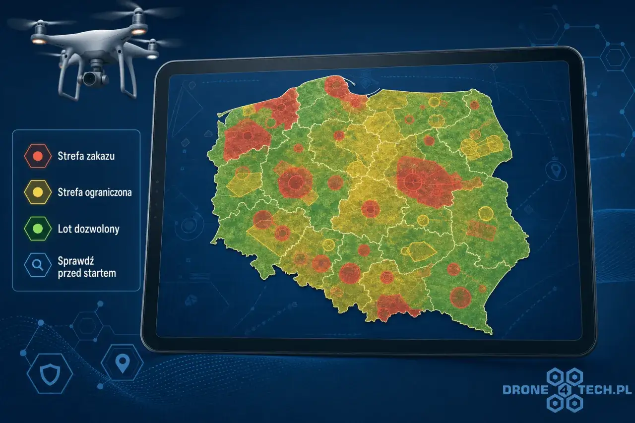 Mapa Polski z zaznaczonymi strefami, gdzie nie można latać dronem: czerwone to zakazy, ż&oacute;łte ograniczenia, zielone to loty dozwolone. Sprawdź przed startem!