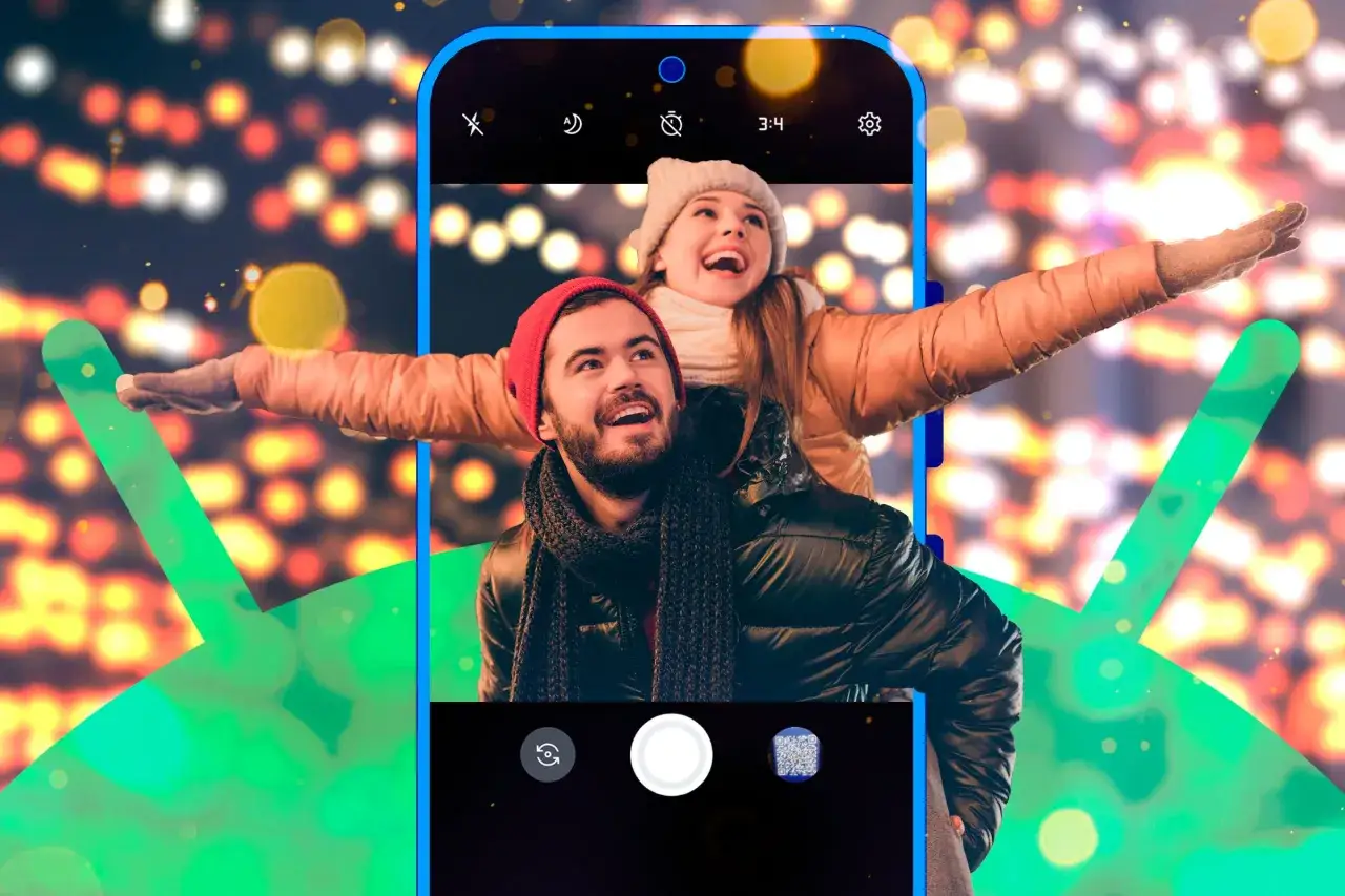 Para uchwycona w telefonie z pięknym efektem bokeh w tle.