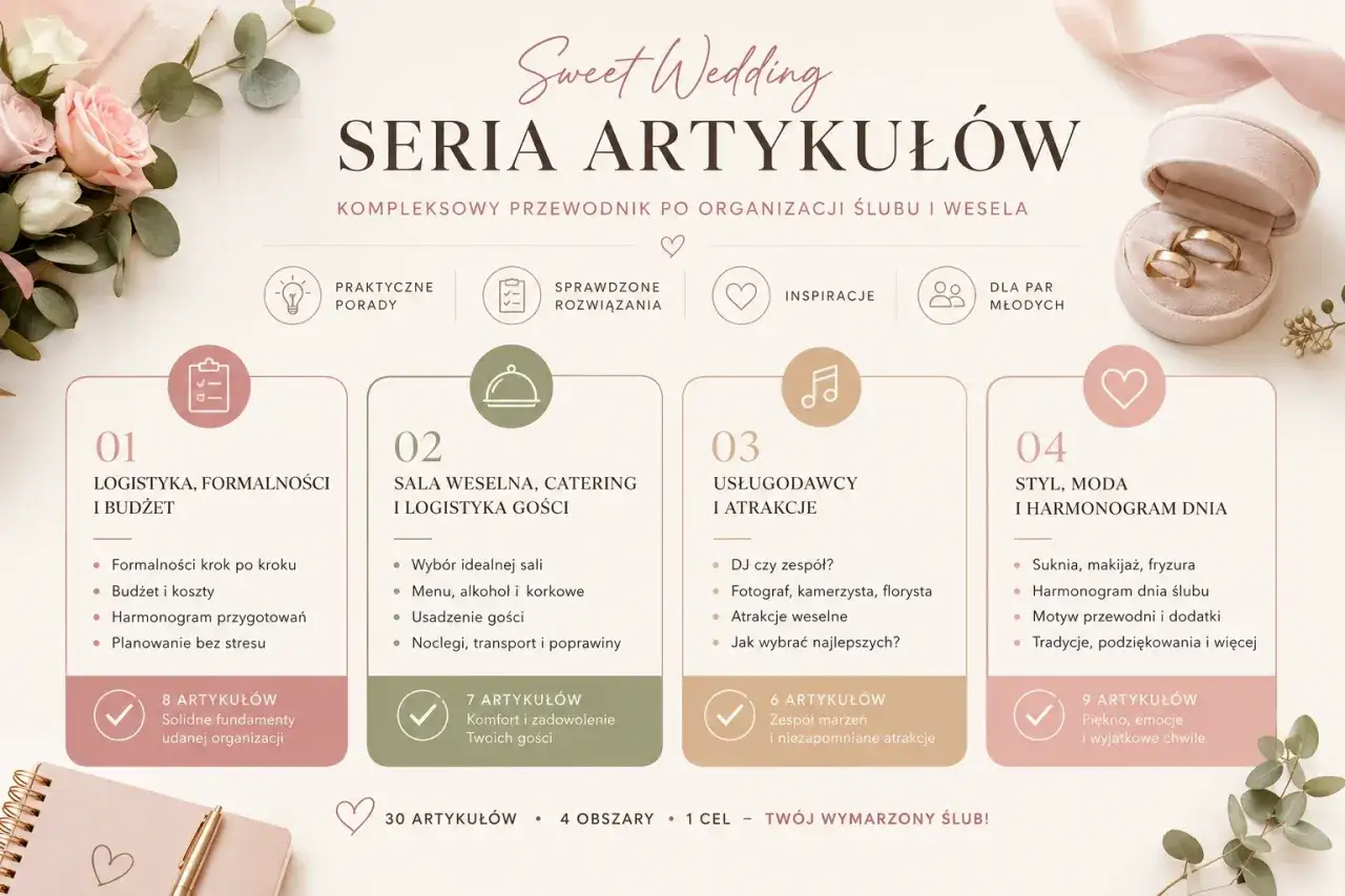 Planowanie ślubu: przewodnik po logistyce, sali, usługodawcach i stylu. Wszystko, by Twój wymarzony ślub był perfekcyjny.