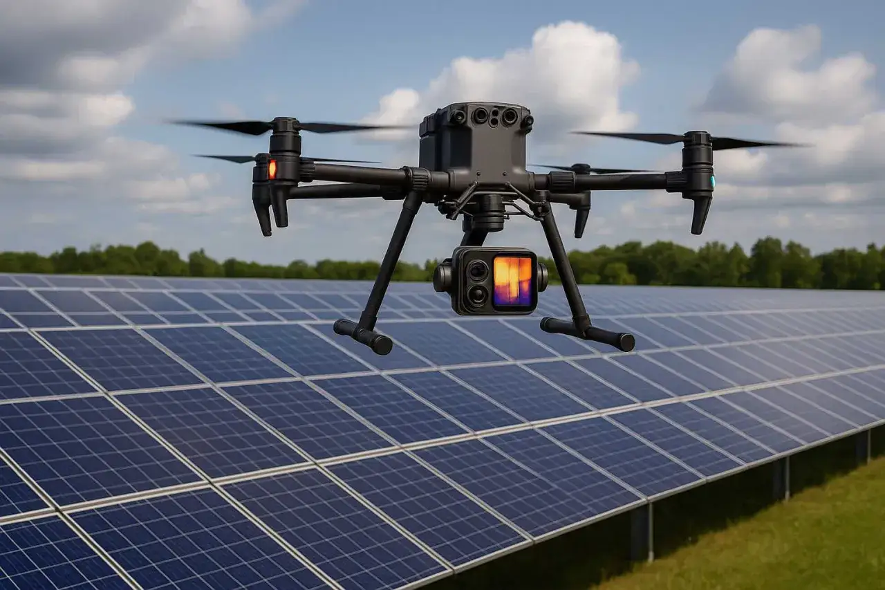 Dron Matrice 300 RTK z kamerą termowizyjną monitoruje panele słoneczne.