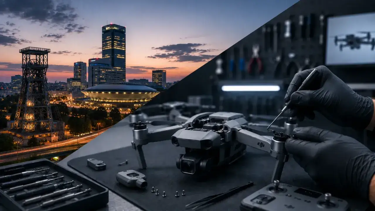 Dwa światy: nocna panorama miasta z wieżą kopalnianą i nowoczesnymi budynkami oraz precyzyjna naprawa drona DJI w warsztacie.