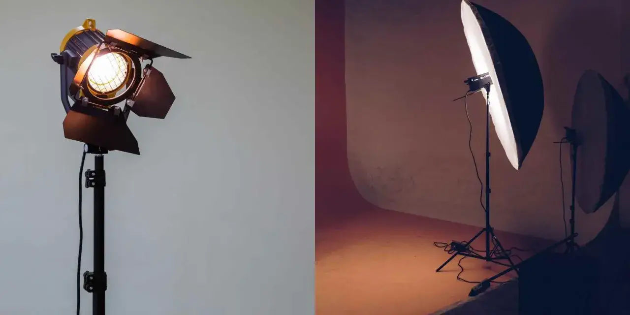 Dwa rodzaje oświetlenia studyjnego: reflektor z klapami i softbox. Widać piękny refleks świetlny.