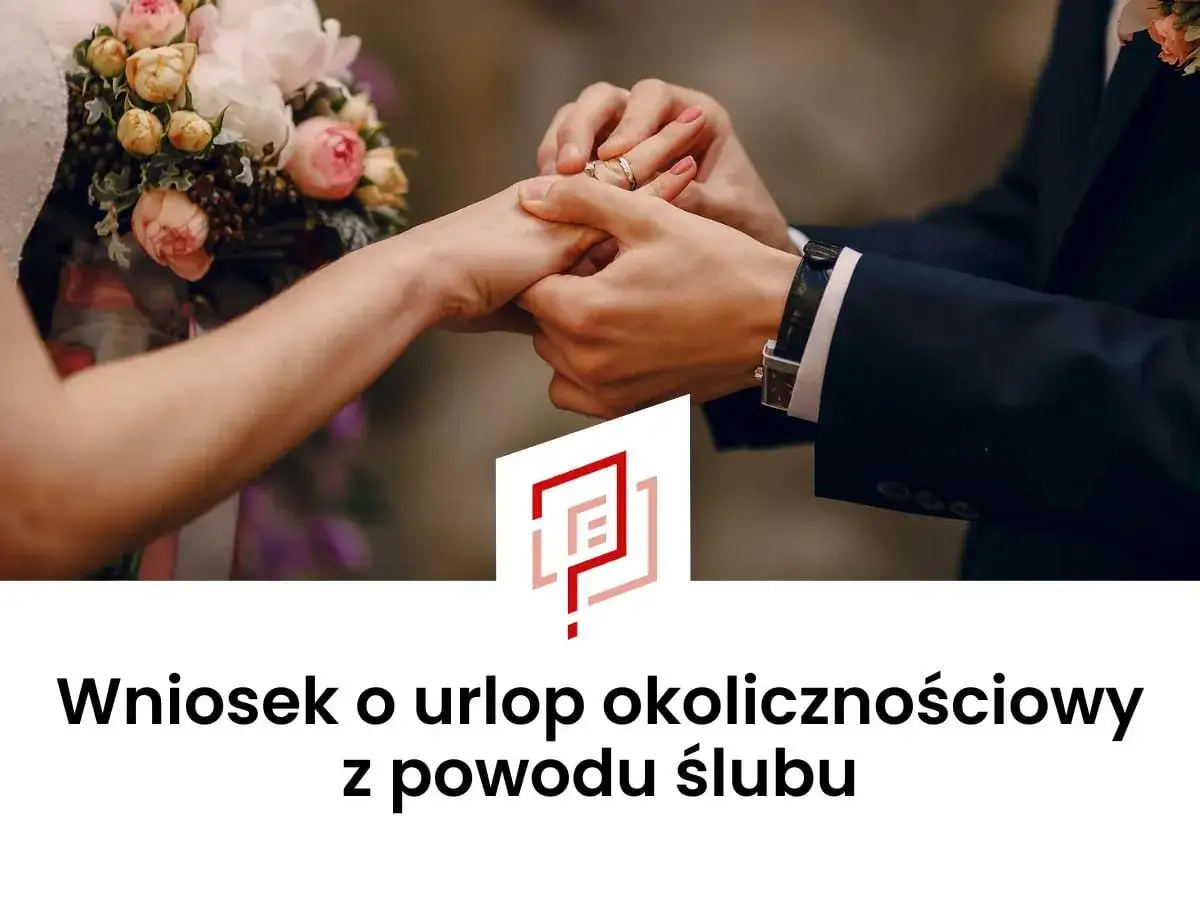Zawiadomienie do pracy o ślubie. Pan młody zakłada obrączkę na palec panny młodej.