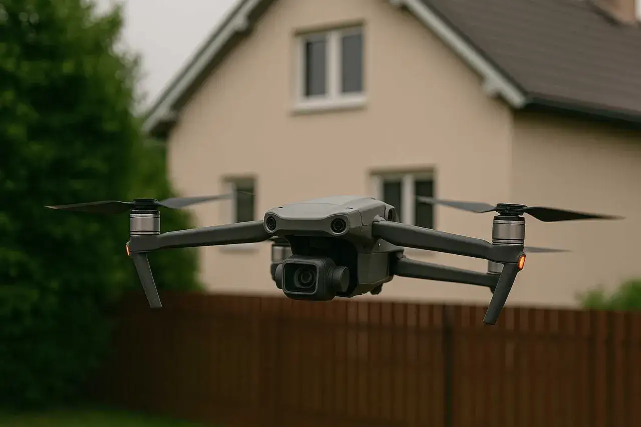Szary dron w locie przed domem. Chcesz wiedzieć, jak sprawdzić, kto lata dronem?