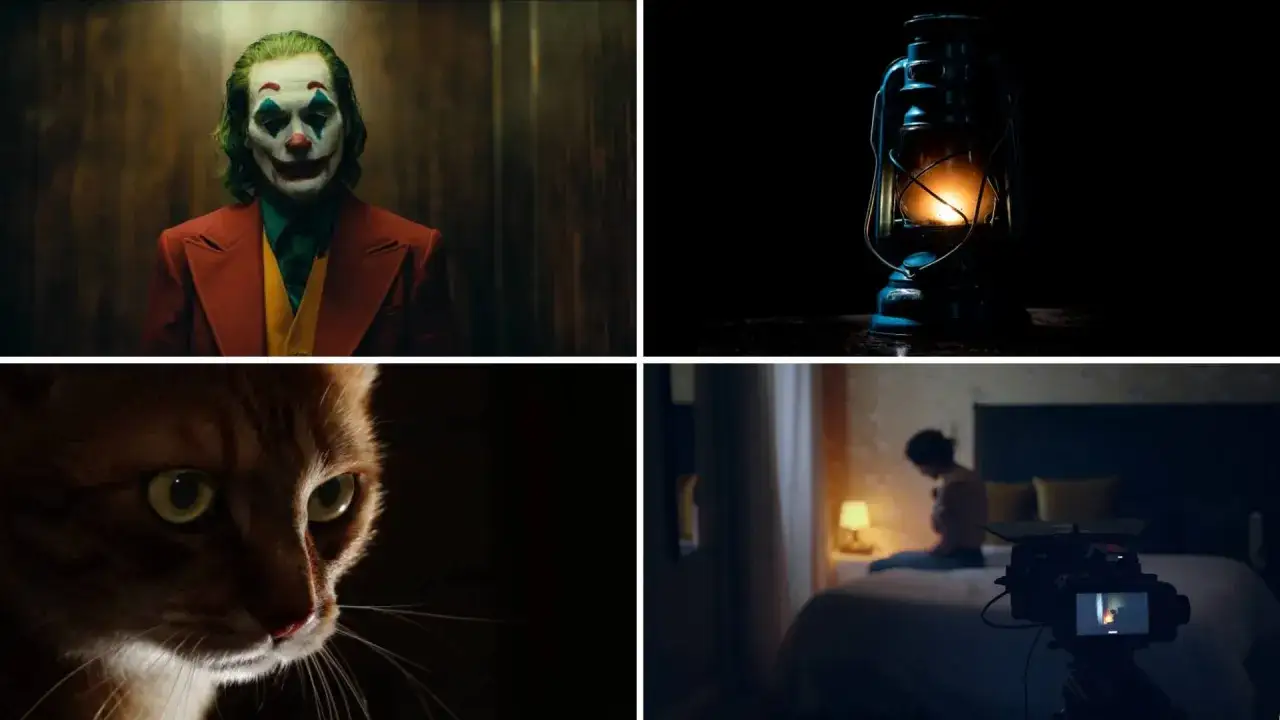 Joker w garniturze, stara latarnia, rudy kot i dziewczyna na łóżku. Wszystko w niskim kluczu, tworząc mroczny nastrój.