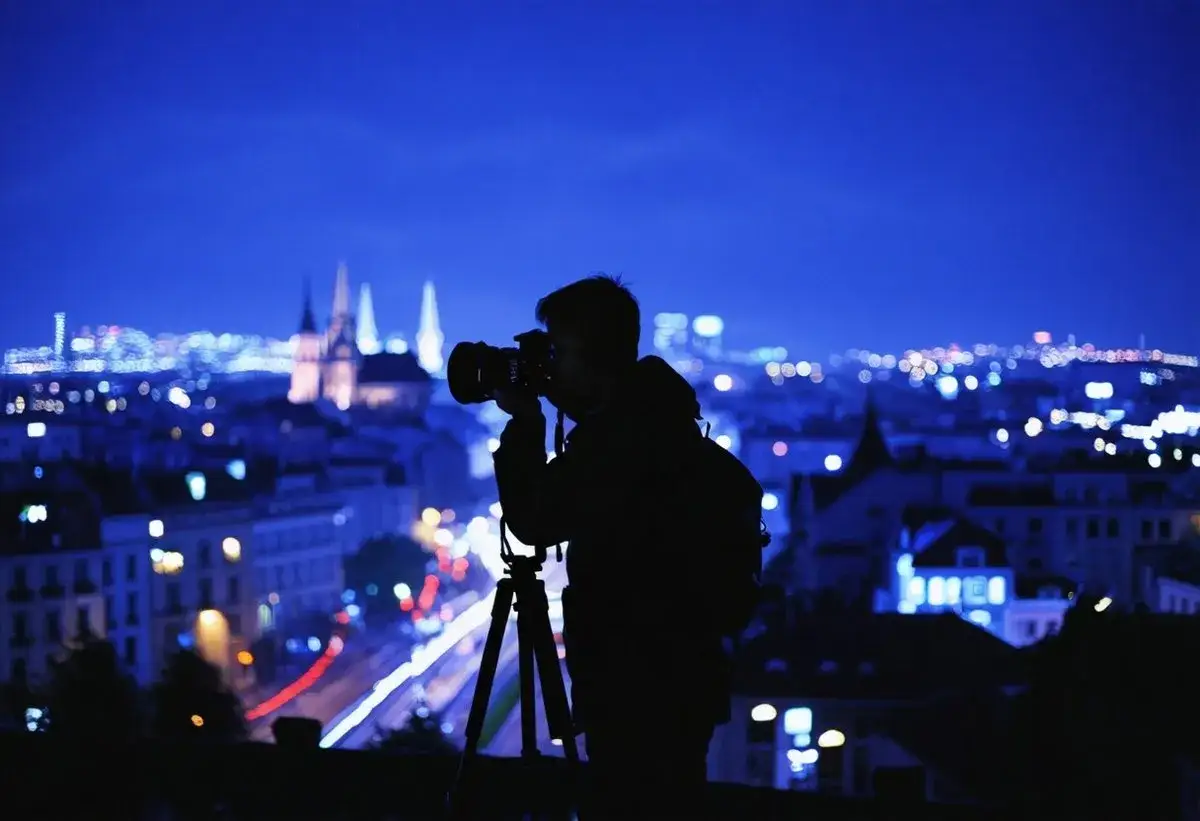 Sylwetka fotografa z aparatem na statywie uchwycona podczas nocnej sesji zdjęciowej. W tle rozświetlone miasto.