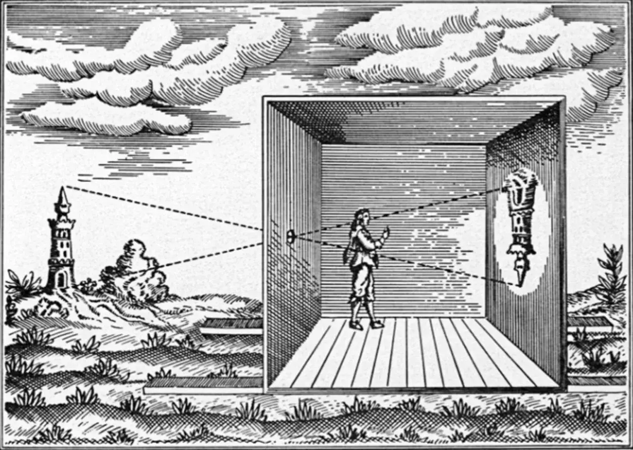 Ilustracja pokazuje działanie camera obscura: wieża na zewnątrz jest odwrócona i wyświetlana na ścianie wewnątrz pomieszczenia, gdzie stoi obserwator.